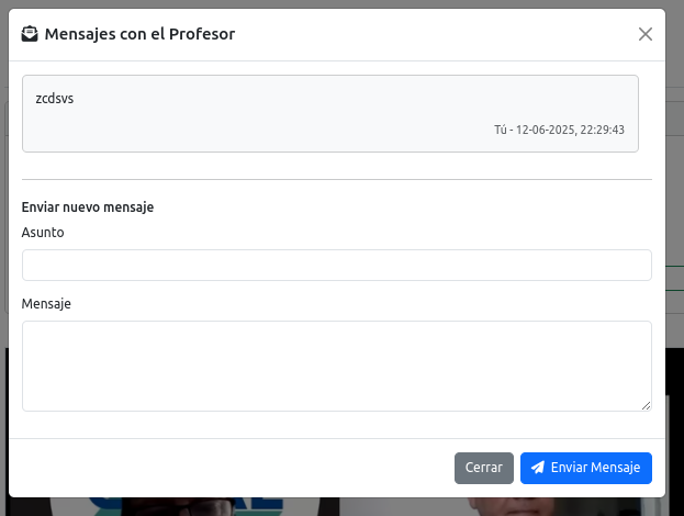 Ventana para enviar mensajes al profesor.