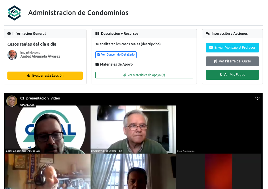 Vista principal de una lección con el video y las tarjetas de acción.