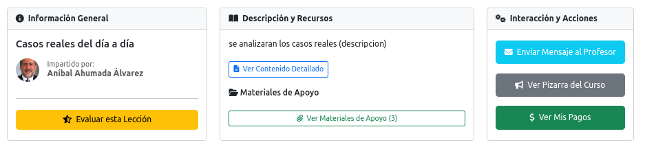 Detalle de las tres tarjetas de información y acciones.